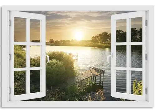 Produktbild: timalo Wandbild Outdoor wetterfeste Bilder für draußen | Gartenbilder Innen & Außen | Landschaftsbilder Acryl Glas Fensterblick Effekt | 120x80cm Sommer See Steg Natur