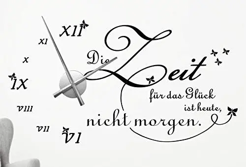 Produktbild: timalo® XXL Wanduhr Wohnzimmer Wandtattoo Spruch 'Die Zeit für das Glück ist heute, nicht morgen' mit Uhrwerk – Uhr zum Aufkleben | 76046-schwarz-110x58-Uhr-schwarz
