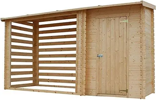 Produktbild: TIMBELA M205 Holz-Geräteschuppen 344x146x199 cm – Gartenhaus mit Brennholzregal, wasserfestem Dach, 3.64 m²