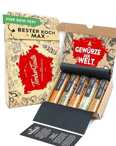 Produktbild: TIMBER TASTE® 5 Gewürze aus aller Welt (+ PERSONALISIERT) - Gewürze Geschenkset Männer - Gewürzset Geschenke für Männer - Besondere Geschenke für Erwachsene - Personalisierte Geschenke Männer