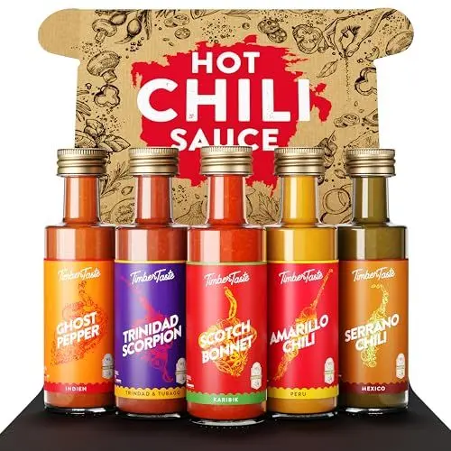 Produktbild: TIMBER TASTE® Chili Sauce Geschenkset (5 x 40 ml) | World Hot Sauce Set - Scharfe Soßen Geschenkset | Geschenke für Männer & Frauen | Scharfe Chili Sauce | Chili Geschenk - Chili Soße Geschenkset