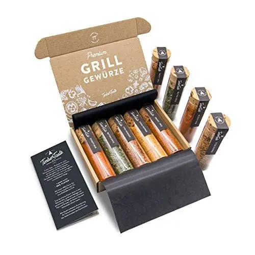 Produktbild: TIMBER TASTE® Grill Gewürze Geschenkset Frauen & Männer - 5 erlesene BBQ Grillgewürze inkl. Rezepte - Grill Zubehör Geschenke für Frauen - Gewürze Set Geburtstagsgeschenk für Erwachsene - Gewürzset