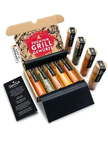 Produktbild: TIMBER TASTE® Grill Gewürze Geschenkset Männer | 5 erlesene BBQ Grillgewürze inkl. Rezepte | Grill Zubehör Geschenke für Männer | Besonderes Gewürze Set für Ihn | Geschenke für Erwachsene | Gewürzset