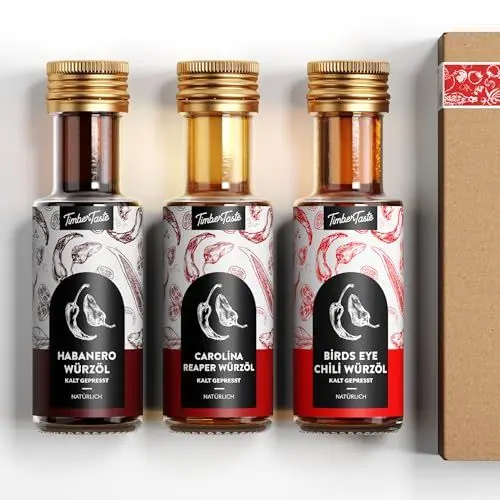 Produktbild: Timber Taste Scharfes Chili Öl Geschenkset für Männer & Frauen 3 erlesene Essige & Speiseöle (3x100ml) Premium Öl Set Geschenk Set für Sie & Ihn Hot Chili Gewürze Geschenkset scharf