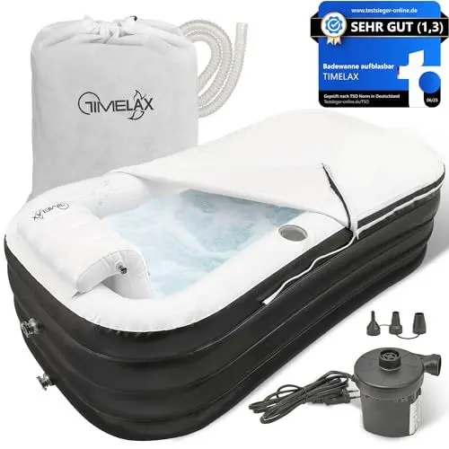 Produktbild: TIMELAX® Badewanne Aufblasbar (Ergonomische Rückenlehne) 0,5mm starkes PVC | BPA Frei Aufblasbare Faltbare Mobile Freistehende Badewanne für Erwachsene und Dusche