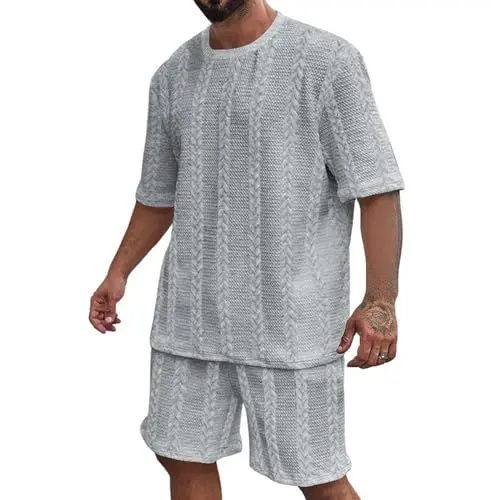 Produktbild: TIMELYE Generic Sommer Set Herren Strand Leichtes Sommerhemd Mit Kordelzug Sport Sommer Outfit Herren Kurzer Jogginganzug Herren Herren Sommer Blouson(1-Light Gray,XL)