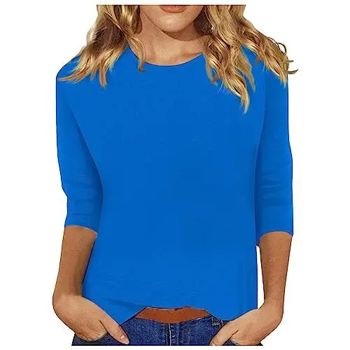 Produktbild: TIMEMEAN Blusenshirt Damen,Blusenshirt Damen 3/4 Arm Elegant Rundhalsausschnitt Oberteile Mode Leger Slim Fit Tops Dreiviertelarm Blau S
