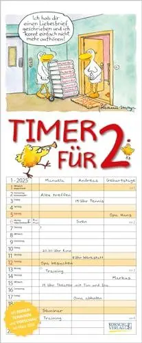 Produktbild: Familienplaner 2025 Timer für 2 mit 3 breiten Spalten. Familienkalender mit Tier-Comics, Ferienterminen, Vorschau bis März 2026 und tollen Extras. 19 x 46 cm