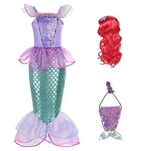 Produktbild: Timesun Prinzessin Arielle Kostüm Kleid Verkleidung mit Perücke Cosplay Party Verkleidung für Kinder Mädchen Größe 3-9 Jahre (Lila (mit Haarperücke und Handtasche), 100)
