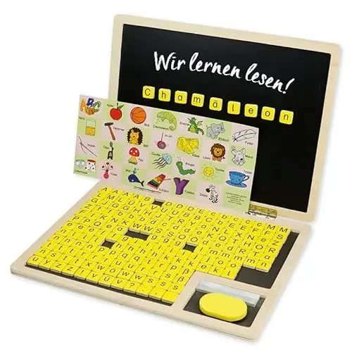 Produktbild: TimeTEX Lese-Klapp-Computer aus Holz, 189-tlg. | ABC Lernspiel, magnetisch mit Tafelfläche & Buchstaben-Steinen | Laptop Spielzeug für Kinder zum Lesen & Schreiben Lernen