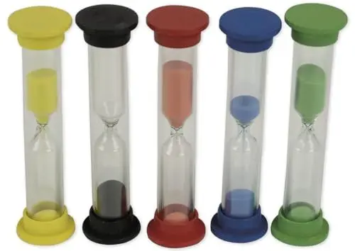 Produktbild: TimeTEX Sanduhren Set mit Holzkappen 5-TLG., 10cm hoch, 2,5cm ø (30 Sekunden, 1/3/5/10 Minuten) | Bunte Sanduhren für Kinder