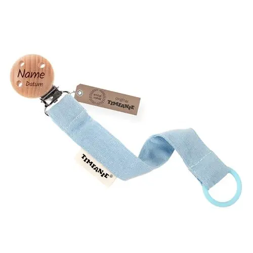 Produktbild: Timfanie® Schnullerhalter | BOY | babyblau | Band/Kette aus Stoff mit Gravur & Adapter