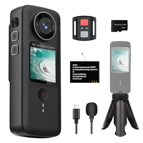 Produktbild: TIMNUT 4K/30FPS Touchscreen Action Cam mit 32GB SD Karte, Pre-Recording 20MP HD Kamera 131FT Unterwasserkamera Lange Akkulaufzeit 1800mAh Akkus mit Fernbedienung & Helm Zubehör Kit