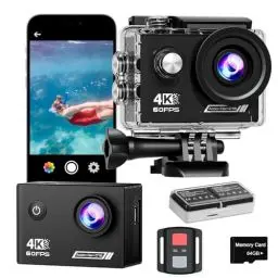 Produktbild: TIMNUT 4K60FPS Action Kamera, 40M wasserdichte Action Cam Unterwasserkamera mit 64 GB SD-Karte, 6-Achsen-Stabilisierung, Motorradkamera mit 8-Fach-Zoom und 2,4-GHz-Fernbedienung, Helmzubehör