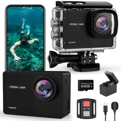 Produktbild: TIMNUT 4K 60FPS Action Cam, Unterwasserkamera mit 64G SD Karte 48MP HD WiFi Kamera mit EIS 40M Wasserdicht Actionkameras Weitwinkel Sportkamera mit 2 * 1350 mAh Akkus Helmhalterung Zubehör Kits