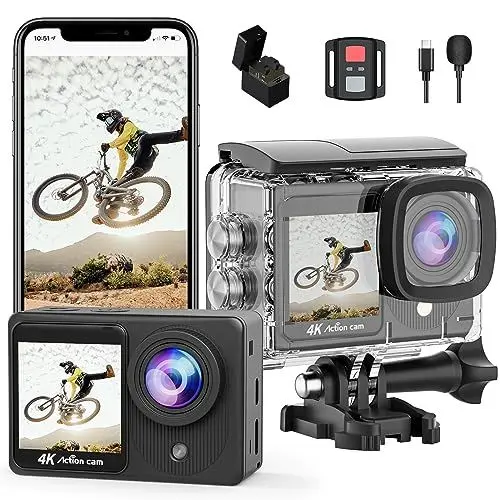 Produktbild: TIMNUT 4K Action Cam Touchscreen - Dual Screen 40M Unterwasserkamera 170°Weitwinkel Helmkamera 20MP Wasserdicht Actionkameras mit Fernbedienung, 2 Akkus und Zubehör Kit