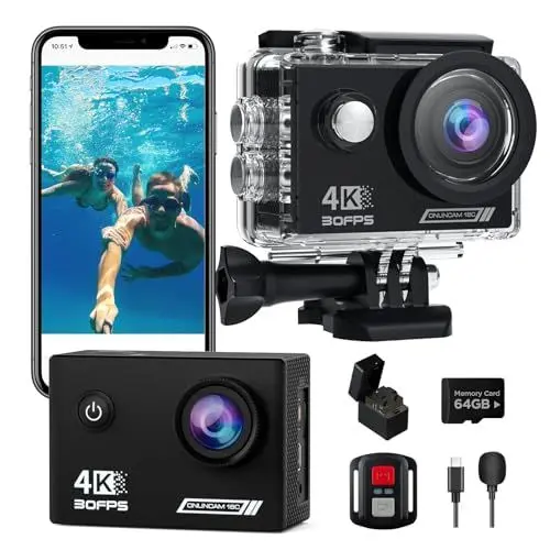 Produktbild: TIMNUT Action Cam 4K30fps, Unterwasserkamera WiFi Kamera,20MP HD 170°FOV mit EIS Helmkamera, 40m/131ft Wasserdicht Kamera mit 2 Akkus, 64G SD Karte und Helmhalterung Zubehör Kits