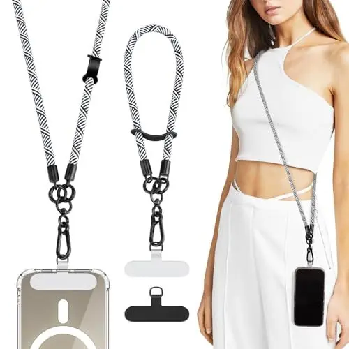 Produktbild: TiMOVO Handykette Universal zum Umhängen, 2 Stück Verstellbar Schlüsselband, 1 x Halsband + 1 x Handgelenkband, Polyester Handyband Handy Lanyard mit 2 Lanyard-Patch, Schwarz & Weiß