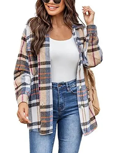 Produktbild: Timuspo Damen Flanell Karierte Hemdjacke Lange Ärmel Baumwolle Revers Button-Down-Bluse Shacket Mantel