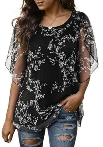 Produktbild: Timuspo Damen Floral Chiffon Bluse Rundkragen Halbärmel Doppellagig Fließend Elegant Schwarz Blumen Tunika