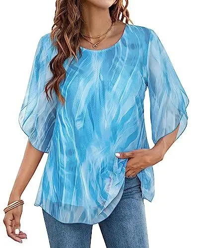 Produktbild: Timuspo Damen Sommer Chiffon 3/4 Ärmel Fließende Elegante Blusen, Blau, Größe L