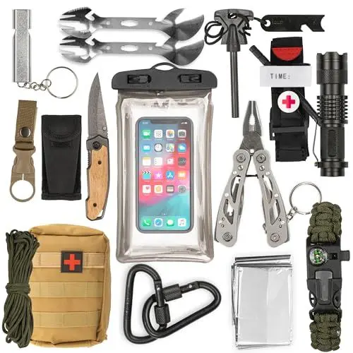 Produktbild: TINALAND® Survival kit - Erste-Hilfe-Kasten mit Tourniquet + Taktische Taschenlampe + Klappmesser + Rettungsdecke und -Pfeife Für Camping, Wandern, Angeln und Jagen