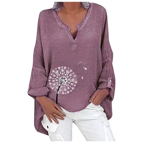 Produktbild: Tincini Musselin Bluse Damen Boho Hemd Tops Tunika Leinenhemd Oversized Druck Shirt Große Größen Baumwolle Leinen Elegant Leinenbluse Leichte V-Ausschnitt Oberteile Langarmshirt Große Größen