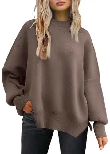 Produktbild: Tincini Pullover Damen Strickpullover Winter Rundhals Pulli Herbst Lose Sweatshirt Warm Fledermaus Langarmshirt aus Strick Seitlichem Schlitz Oberteile (Muskatnuss, L)