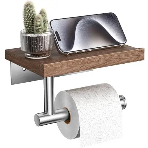 Produktbild: Tindbea Toilettenpapierhalter mit Holzregal, Wandmontierter Holztoilettenpapierrollenhalter, Matt-Nickel-Edelstahl-Badezimmeraccessoires(Walnuss, SUS304 Edelstahl, Gebürstetes Nickel)