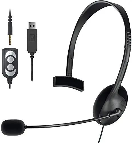 Produktbild: TINGDA PC Headset, USB Headset/3.5mm Einseitiges Headset, Telefon Headset mit Mikrofon, Lautstärkeregler, Noise Cancelling, Utra Leicht Headset für PC, Online-Konferenz, Handys, Skype, Voip, Laptop, Schwarz