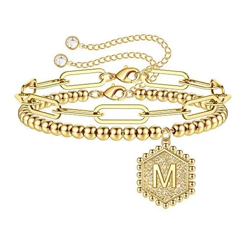 Produktbild: TINGN Gold Armband mit Buchstaben Armband Damen, Zierliche Buchstaben Armbänder Gold Armband Damen Buchstabe M Buchstaben Armbänder Geschichtet Büroklammer Gliederkette Armband Damen Schmuck