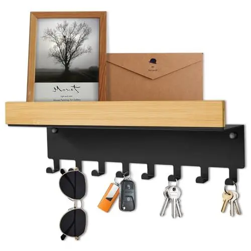 Produktbild: TINIFO Schlüsselbrett Holz mit Ablage – Schlüsselhalter Wand Schwarz, Modern Schlüsselablage mit 8 Haken für Flur Küche, Eingangsbereich