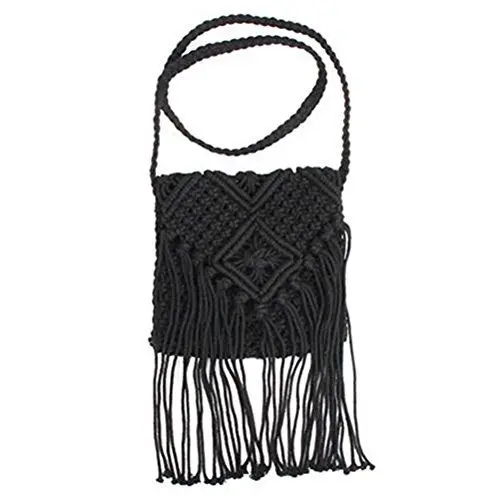 Produktbild: Tinksky Frauen-gesäumte Häkelarbeit-Kreuz-Körper-Tasche böhmische Sommer-Strand-Schulter-Beutel (Schwarzes)