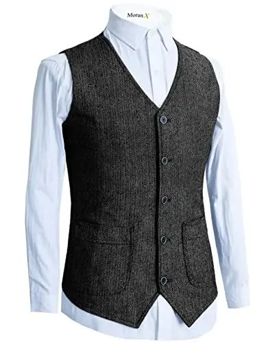 Produktbild: TinMoranX Mode Herren Weste Tweed Wolle Fischgräten Slim Fit Business Hochzeit Anzugweste(Schwarz,XL)