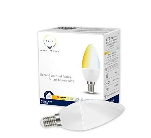 Produktbild: tint Smarte LED-Kerze – Steuerbar per Alexa oder Fernbedienung – Dimmbare E14 Glühbirne mit warm- und kaltweißem Licht (2700-6500 K), 6 W