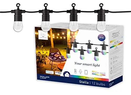 Produktbild: tint Smarte Outdoor Lichterkette STELLA Starter-Set – Steuerbar per Alexa oder Fernbedienung – Mit weißem (1800-6500 K) und farbigem Licht RGB – Spritzwassergeschützt (IP44) – 12 Birnen