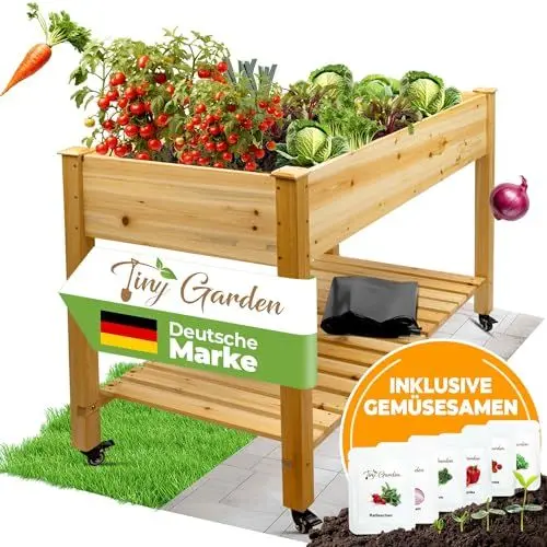 Produktbild: Tiny Garden Premium Hochbeet aus Holz mit Rollen für Balkon 122x59x81,5cm perfektes Hochbeet für Kinder oder als Kräuterbeet für die Terrasse, Erdbeerbeet