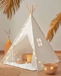 Produktbild: Tiny Land Tipi Zelt für Kinder, Drinnen und Draussen Spielzelt Mit Gepolsterter Decke, Lichterkette & Aufbewahrungstasche - Segeltuch Kinderzelt, Spielhaus