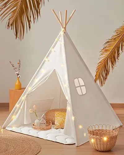Produktbild: Tiny Land Tipi Zelt für Kinder, Drinnen und Draussen Spielzelt Mit Gepolsterter Decke, Lichterkette & Aufbewahrungstasche - Segeltuch Kinderzelt, Spielhaus