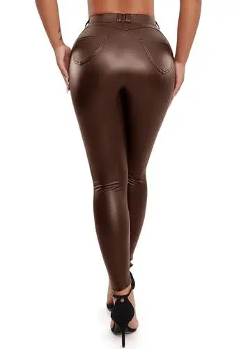 Produktbild: TIOKFLW Leder Leggings Damen Mit Innenfleece, High Waist Lederoptik Hose, Kunstleder Pants Sexy Warm Winter, Lederimitat - Braun L