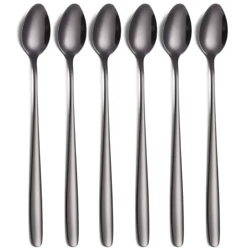 Produktbild: Tiokin Latte Macchiato Löffel Set, 6-teilig Schwarz, 19.8 cm langem Griff Mixing Ice Cream Rührlöffel aus Edelstahl Ideal für Eiskaffee Eistee Milchshake Eisbecher kühles Trinken