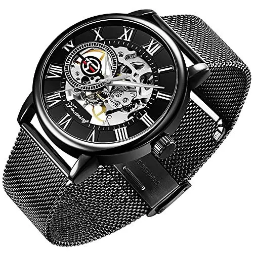 Produktbild: Tiong Herren Mechanischeuhr Edelstahl Skelett Uhr Herren Skelett römische Ziffer Steampunk Mechanische Uhren Handaufzug Herrenuhr Geschenke(schwarz)
