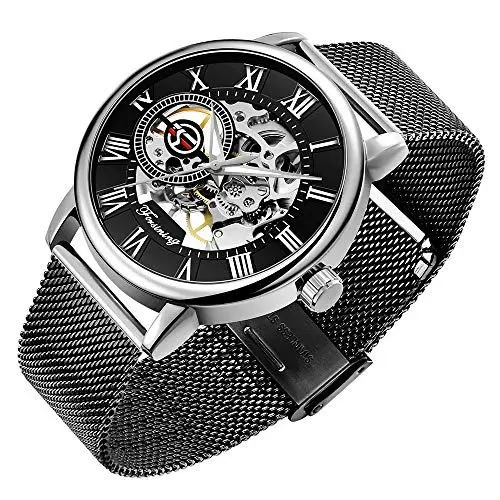 Produktbild: Tiong Herren Skelett Uhr Römische Ziffer Steampunk Mechanische Handaufzug Business Black Watch Geschenke (Schwarz und Silber)