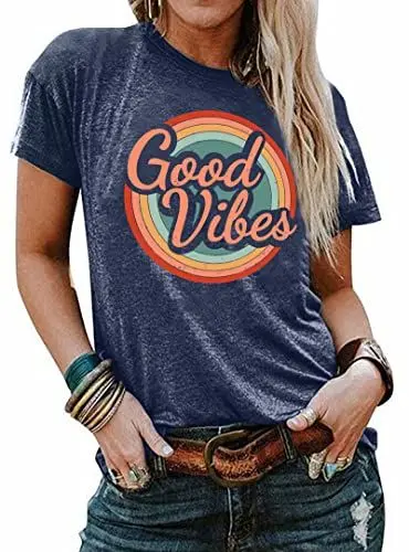 Produktbild: tiorhooe Damen Good Vibes Shirts Regenbogen Print T-Shirt Kurzarm Tops Rundhals Tee Sommer Bluse