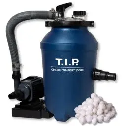 Produktbild: T.I.P. 2in1 Pool Filter Set - Chlordosierer (inkl. Filterballs, 15 m³ Beckengröße, integrierter Chlordosierer, 4.000 l/h Fördermenge, 5 m Förderhöhe, Großer Filterbehälter) ChlorComfort 15000, 30302