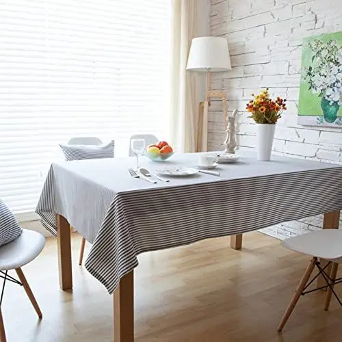 Produktbild: EHOMERY Tischdecke Leinenoptik Abwaschbar Wachstuch Platzdeckchen Dünne Streifen Tischdecke Eckig Leinenoptik Tischtuch Kurz Grau Tischschutz Dekoration 100X140Cm