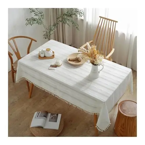 Produktbild: Tischdecke Polyester Weiss, Ostern Tischdecke Streifen mit Quaste Tischtuch 90X90CM für Küche Wohnzimmer Esszimmer