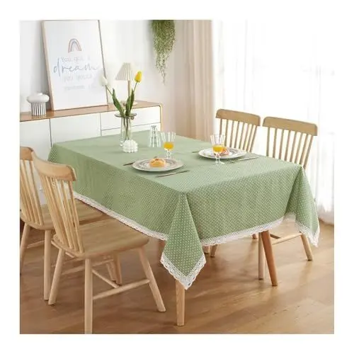 Produktbild: Tischdecke Rechteckig 120 X 160, Table Cover Kitchen Grün Baumwolle Polyester Weißer Punkt mit Spitze Tischtuch für Küche Wohnzimmer Esszimmer