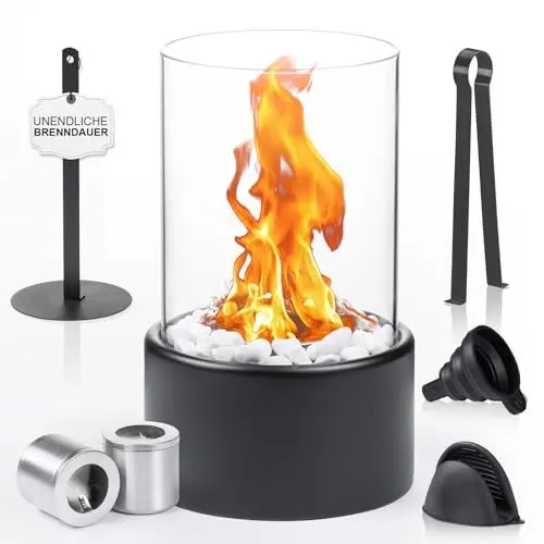 Produktbild: Tischkamin | Tischfeuer Set für Indoor und Outdoor | Ethanol Tischkamin mit Weiße Dekosteine und 2 Brennkammern | Bioethanol Tischkamin | Balkon Deko