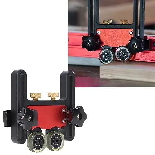 Produktbild: Tischkreissägenzuführung, Materialführungsrolle, Holzbearbeitungs-Doppelrad-Gleitführungsrolle, Federbrett-Hilfswerkzeug, Verwendet für 30 oder 45 Standardschlitze
